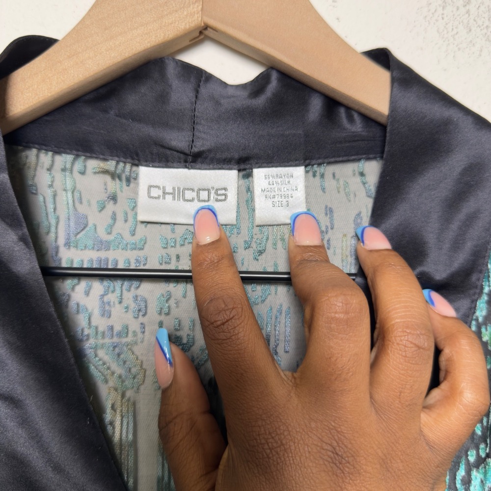 Chicos Women SILK Cardigan Top XL Black Teal Abstract Sheer Burnout Kimono Top - Picture 2 of 6